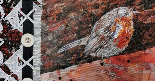 Robin (iii) Look Right, 2022. 28.5cm x 41cm (11¼" x 16"). Hand stitch embroidery, collaged background. Hand embroidery thread, crochet cotton, floss, on a collage of digital print, spotted flocked net, soluble digital stitch, vintage silver braid, linen buttons, cotton ground.