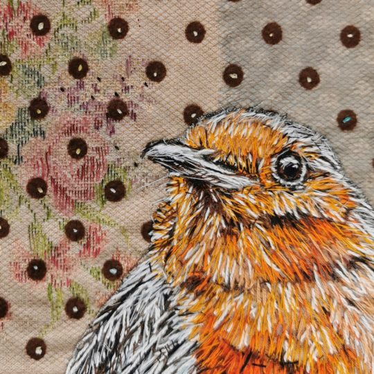Nigel Cheney, Robin (vi) Double Bubble (detail), 2022. 30cm x 40cm (12" x 15¾"). Hand stitch embroidery, collaged background. Hand embroidery thread, crochet cotton, floss, on a collage of lingerie net, vintage embroidery sample, cotton furnishing fabric
