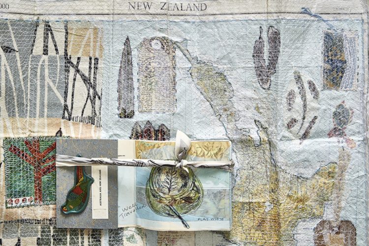 Anne Kelly, New Zealand map and sketchbook, 2019. Map: 100cm x 70cm (39" x 27½") Collage, mixed media, hand and machine stitch. Textiles, maps, mixed media.