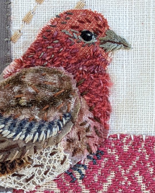 Ann Smith, House Finch and California Sister (detail), 2022. 13cm x 18cm (5" x 7"). Hand-embroidery and appliqué. Fabric scraps, embroidery cotton, hand-painted California Sister butterfly.