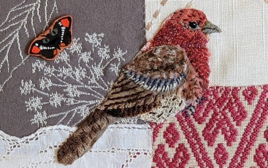 Ann Smith, House Finch and California Sister, 2022. 13cm x 18cm (5" x 7"). Hand-embroidery and appliqué. Fabric scraps, embroidery cotton, hand-painted California Sister butterfly.