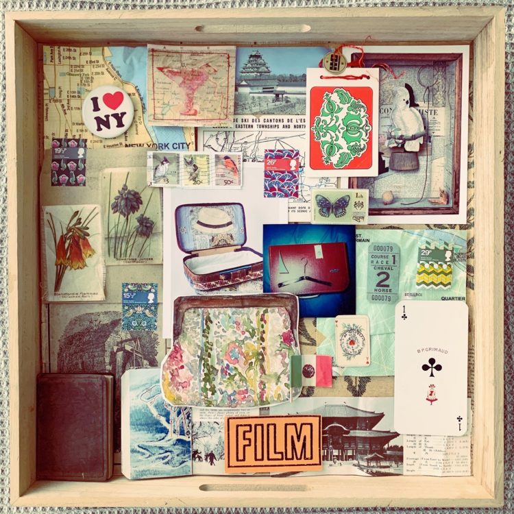 Anne Kelly, Travel Mood Board, prepared for Textile Travels book, 2020. 40cm x 40cm (15" x 15"). Collected and found ephemera in a wooden box.