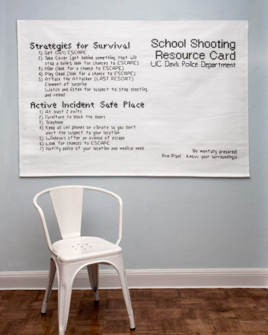 Bren Ahearn, Active Shooter Directions #1, 2011, 3922H X 5922W, Cross Stitch and Running Stitch and French Knots, Cotton, Photo by Miles Mattison