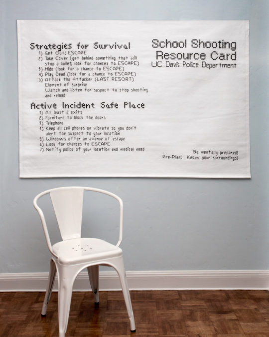 Bren Ahearn, Active Shooter Directions #1, 2011, 3922H X 5922W, Cross Stitch and Running Stitch and French Knots, Cotton, Photo by Miles Mattison
