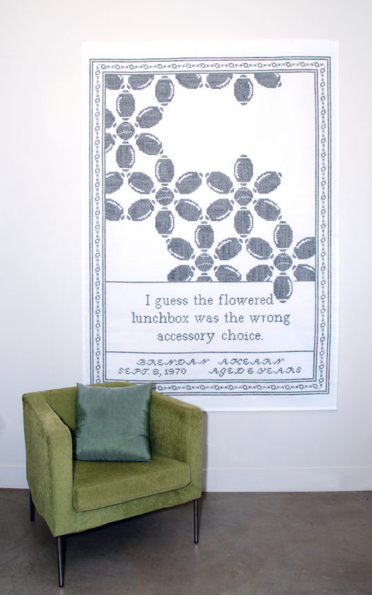 Bren Ahearn, Sampler #9, 2011, 88"H X 60"W, Cross Stitch, Cotton, Photo by Kiny McCarrick.