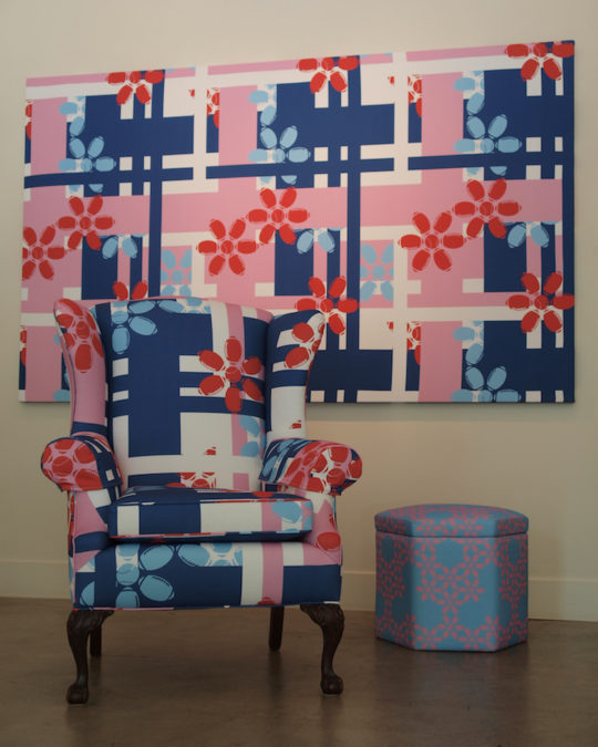 Bren Ahearn and Doug Brown, Armchair Quarterback (front), Ottoman and Sporty Flowers Panel, 2011, Digitally-Printed Cotton and Mixed Media, Photo by Kiny McCarrick.