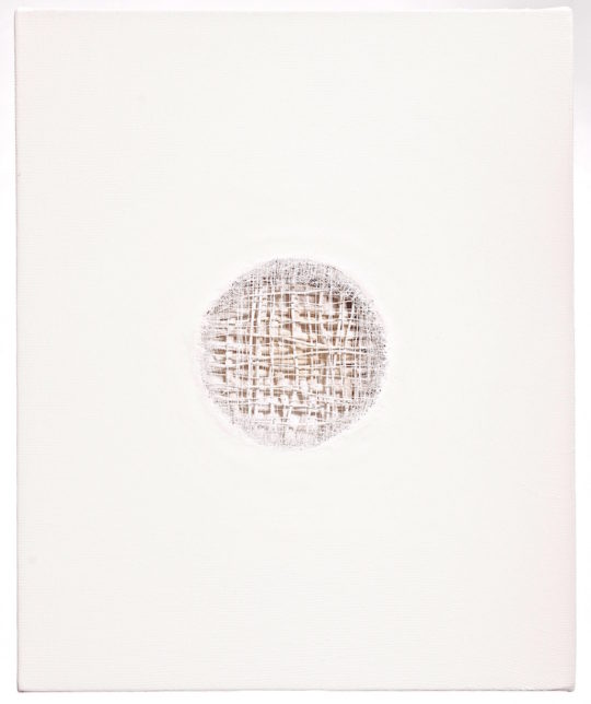 Atsuko Chirikjian, A Circle Within, 2014, 16"x20"x3" Thread, wire, gauze, canvas.