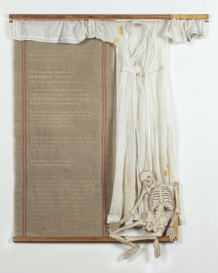 Susie Vickery, A History of Globalisation, 2020. 125cm x 150cm (49" x 59"). Embroidery, appliqué. Fabric, wood, found objects. Photo: Bo Wong.