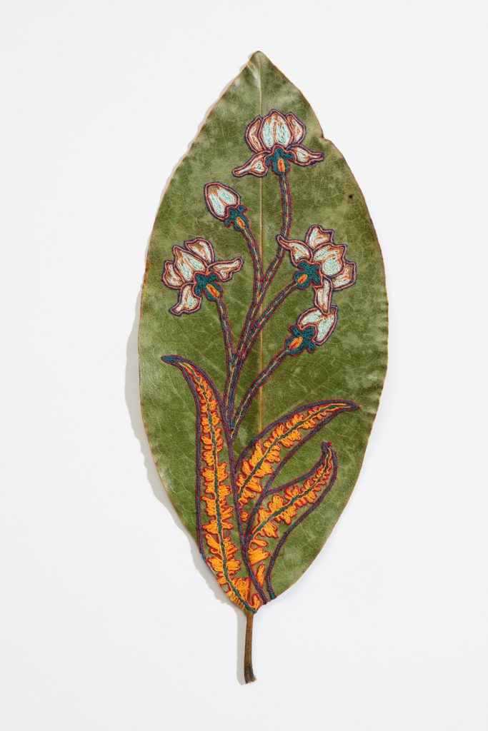 Hillary Waters Fayle, Blooms for Grace (front and back detail), 2020. Each leaf is approximately 28cm x 11cm (11" x 4½"). Couching. Embroidery thread, magnolia leaf. Photo: David Hunter Hale