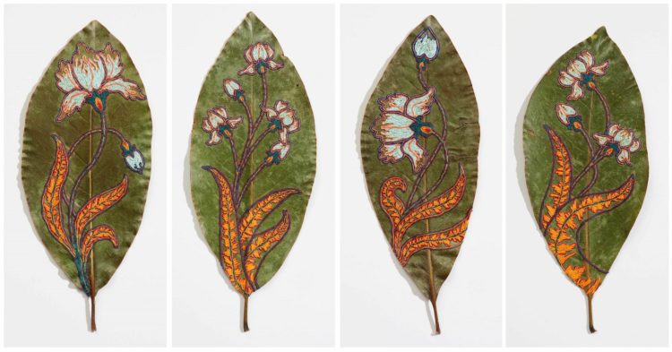 Hillary Waters Fayle, Blooms for Grace, 2020. Each leaf is approximately 28cm x 11cm (11" x 4.5"). Couching. Embroidery thread, magnolia leaf. Photo: David Hunter Hale