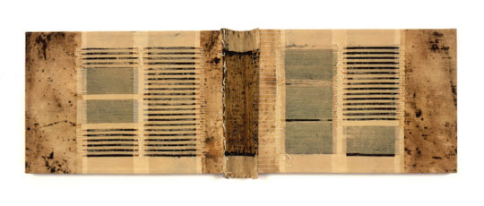 Caroline Bartlett, Storeys of Memory I, 2002, 33 x 101.5 x 3 cm, Discharge and stitch resist, pleated, stitched
