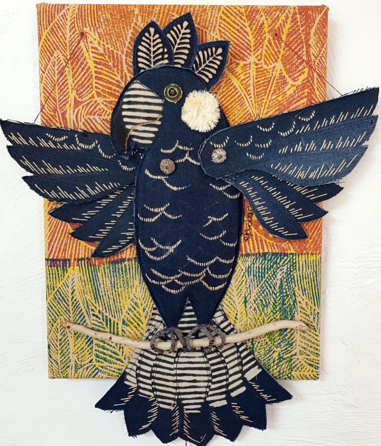 Susie Vickery, Endangered Baudin Cockatoo, 2021. 35cm x 50cm (14" x 19½") . Embroidery. Fabric, wood, found objects.