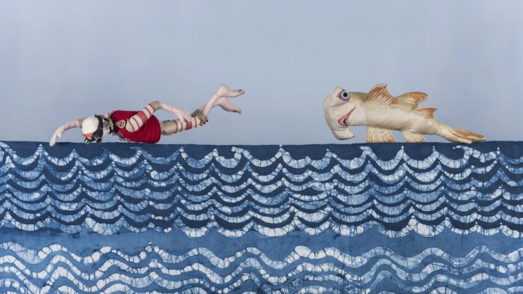 Susie Vickery, The Curious Five Go Surfing (detail: James Barry Escapes Quarantine Pursued by a Shark), 2021. Embroidery, puppet making, batik. Fabric, found objects. 100cm x 60cm (39½ x 23½"). Photo: Christophe Canato.