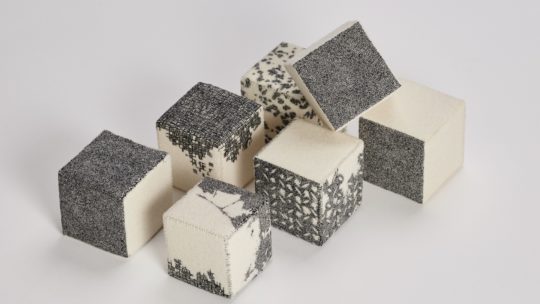 Richard McVetis, Units of Time, 2015. Each cube measures 6cm x 6cm x 6cm (2¼" x 2¼" x 2¼"). Hand embroidery. Wool, cotton thread. Photo: Yeshen Venema