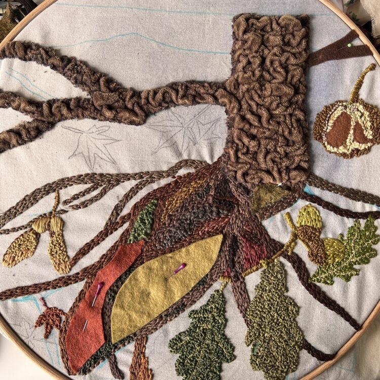Sabine Kaner, The Long Long Life of the Tree, (work in progress) 2022. 36cm x 36cm (14" x 14"). Hand stitch, appliqué, painting. Calico, watercolour paint, repurposed cushion cover, felt, embroidery thread, wool thread. 