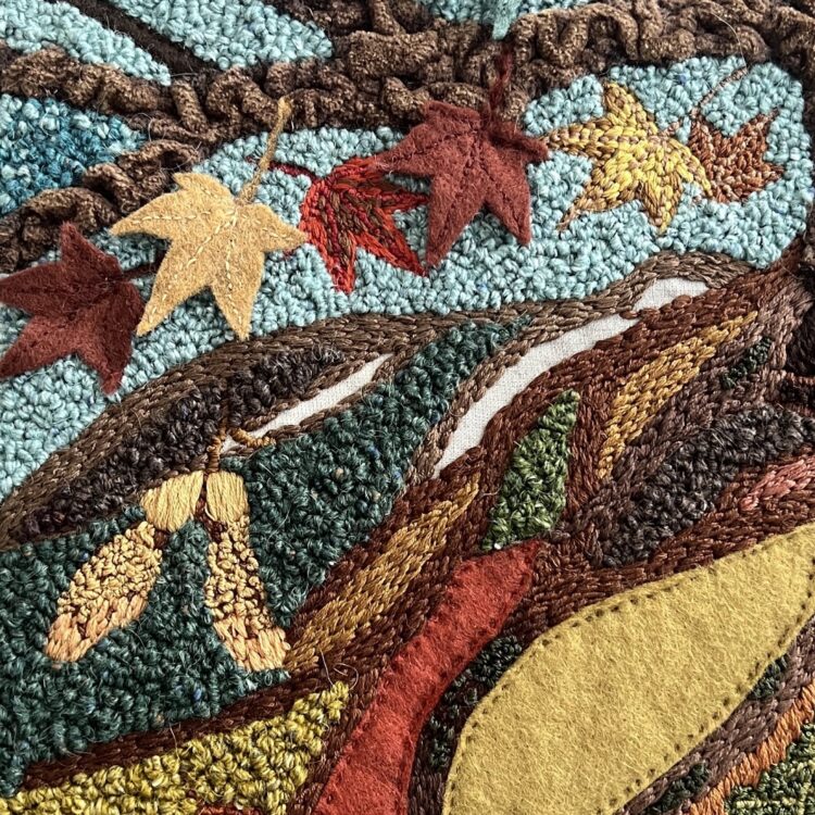 Sabine Kaner, The Long Long Life of the Tree (detail), 2022. 36cm x 36cm (14" x 14"). Hand stitch, appliqué, painting. Calico, watercolour paint, repurposed cushion cover, felt, embroidery thread, wool thread.