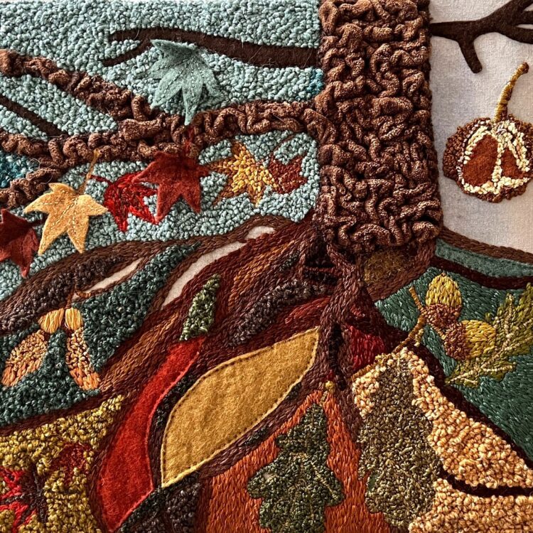Sabine Kaner, The Long Long Life of the Tree, 2022. 36cm x 36cm (14" x14"). Hand stitch, appliqué, painting. Calico, watercolour paint, repurposed cushion cover, felt, embroidery thread, wool thread.
