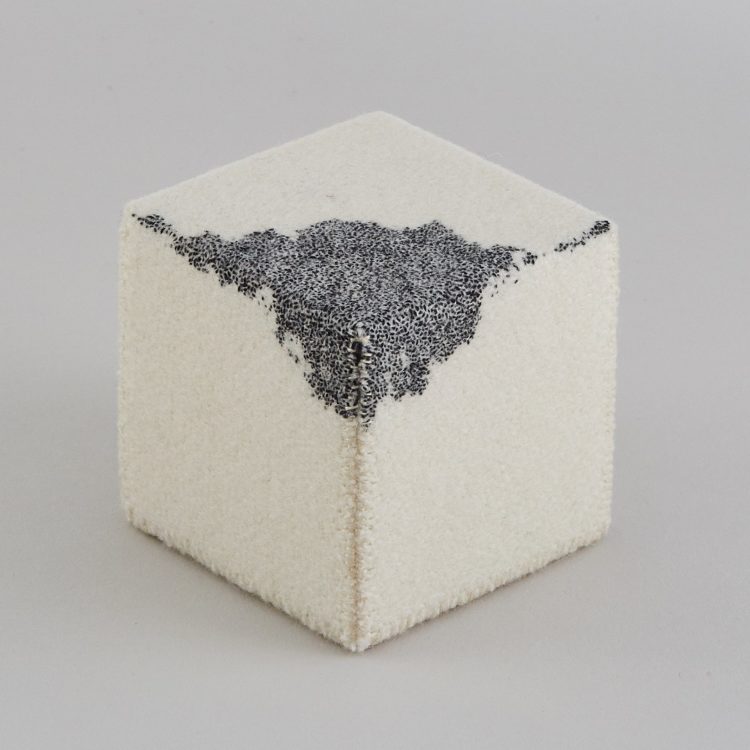 Richard McVetis, Variations of a Stitched Cube (30 hour cube), 2017. 6cm x 6cm x 6cm (2¼" x 2¼" x 2¼"). Hand embroidery. Wool, cotton thread, Styrofoam. Photo: Yeshen Venema