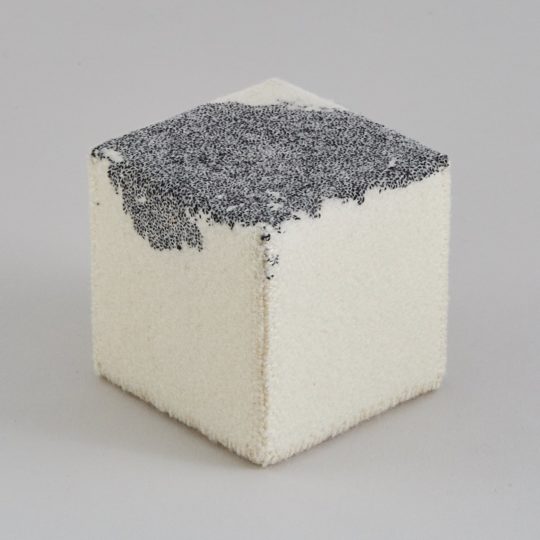 Richard McVetis, Variations of a Stitched Cube (60 hour cube), 2017. 6cm x 6cm x 6cm (2¼" x 2¼" x 2¼"). Hand embroidery. Wool, cotton thread, Styrofoam. Photo: Yeshen Venema