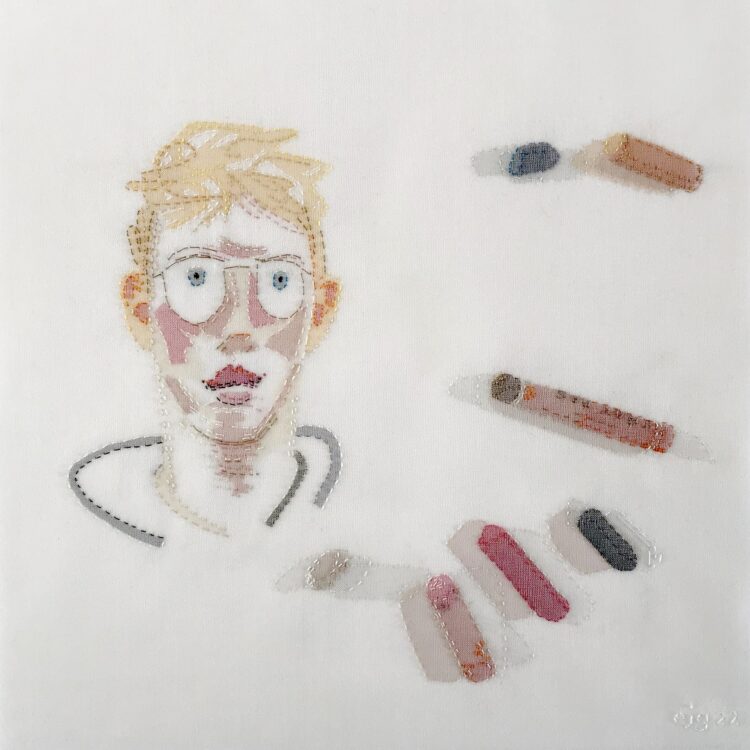 Emily Jo Gibbs, Oil Pastel Sketch, 2022. 23cm x 23cm (9" x 9"). Hand stitch, appliqué. Silk organza, with linen, cotton and polyester threads