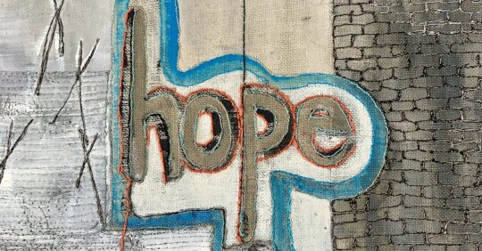 Sue Stone, Which Way Now? (detail), 2020. 59cm x 132cm (23" x 52"). Hand stitch, free machine stitch, appliqué, painting. Linen and cotton fabric, linen and cotton threads, acrylic paint. Photo: Pitcher Design.