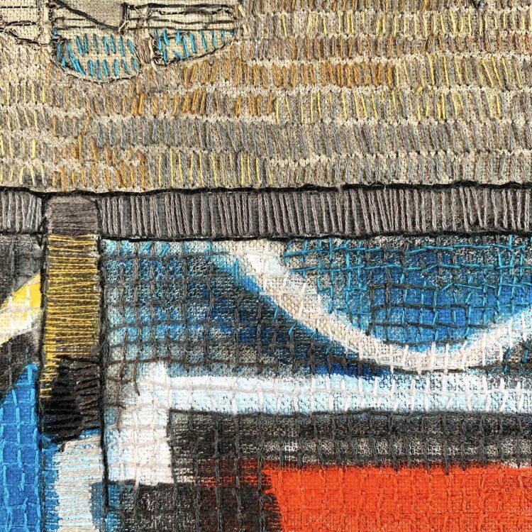 Sue Stone, Which Way Now? (detail), 2020. 59cm x 132cm (23" x 52"). Hand stitch, free machine stitch, appliqué, painting. Linen and cotton fabric, linen and cotton threads, acrylic paint. Photo: Pitcher Design.