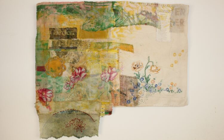 Cas Holmes, The Garden, 2022. 77cm x 70cm (30" x 27½"). Painted and dyed vintage materials, collage, machine and hand stitch. Vintage cloth, dye, paint, thread, images transferred from a gardening magazine.