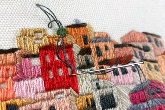 Charles-Henry and Elin Petronella, Manarola, Italy for Thread Painting Embroidery 2 (detail), 2022. 20cm diameter (8”). Satin stitch, split stitch, straight stitch, French knot, backstitch. Cotton fabric, DMC cotton mouliné.
