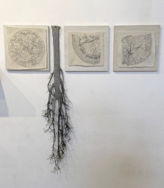 Anita Bruce, Felled – Tree de(con)strutted, Hand stiched on needle felt, hand knitted enameled copper wire