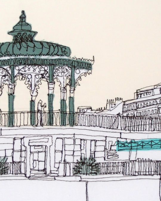 Gillian Bates, Beside the bandstand (detail), 2018. 40cm x 50cm (16” x 20”). Free motion machine embroidery. Cotton fabrics, thread.