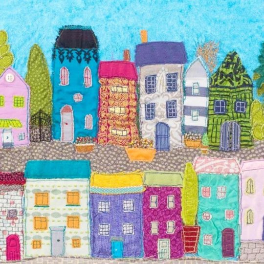 Jackie Gale, Sea Town inspired by the Cornish town of Fowey (detail), 2016. 90cm x 65cm (35" x 26"). Free motion embroidery and appliqué. Indian sari fabrics. Photo: David Deeprose (Bretonside Copy)