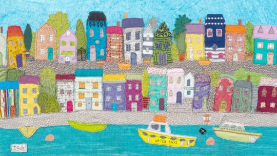 Jackie Gale Sea Town inspired by the Cornish town of Fowey, 2016. 90cm x 65cm (35" x 26"). Free motion embroidery and appliqué. Indian sari fabrics. Photo: David Deeprose (Bretonside Copy)