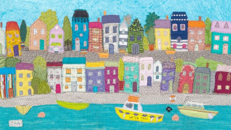 Jackie Gale Sea Town inspired by the Cornish town of Fowey, 2016. 90cm x 65cm (35" x 26"). Free motion embroidery and appliqué. Indian sari fabrics. Photo: David Deeprose (Bretonside Copy)