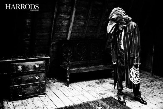 Gladys Paulus, Raven mask in Harrods Magazine fashion feature 'Alter Ego', photo James Martin menswear feature Nov 2014 photographer James Martin
