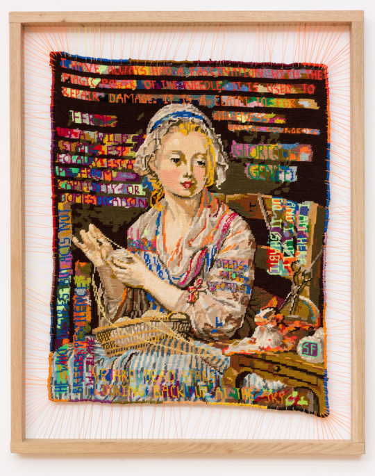 Sylvie Franquet, Oh no, honey, I'm an angel, I swear, 2015. Wool, acrylic and lurex on cotton canvas sewn into ash frame, 67 x 87 cm. Photo Jonathan Greet. Courtesy Oct