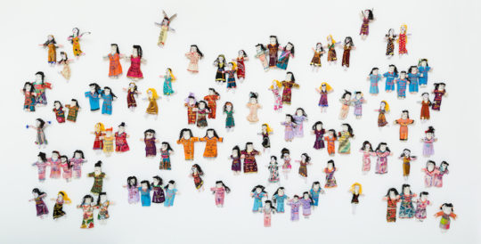 Sylvie Franquet, THE WAYWARD SISTERS (2), 2016. Installation 99 rag dolls, embroidered with wisdoms, poems, thoughts and text messages. Photo: Jonathan Greet. Courtesy Oct.