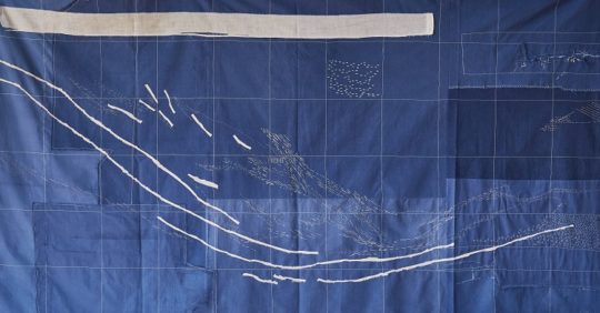 Vanessa Rolf, Breathe, 2018. 186cm x 106cm (73" x 42"). Dyeing, patching, machine stitch, hand stitch. Textiles, thread.