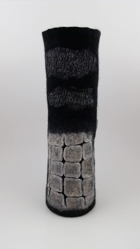 Monica Bennett: Rock Forms, Hand felted vase, Finn wools, Merino wools, Icelandic lamb wool, silk chiffon, glass vase insert 35 cm h. x 33 cm circ.