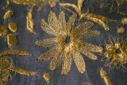 Kate Wells, Dip Your Mind in Gold (detail), 2015, gold machine embroidery on silk crepeline