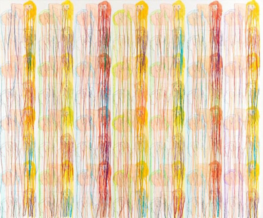 Ghada Amer, Shahrazad, 2009, acrylic, embroidery and gel medium on canvas, 66 x 79 inches