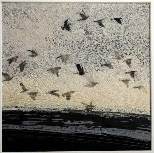 Kate Wells, Early Rise, 2013, 20 x 20cm, ink on calico with machine embroidery and collage