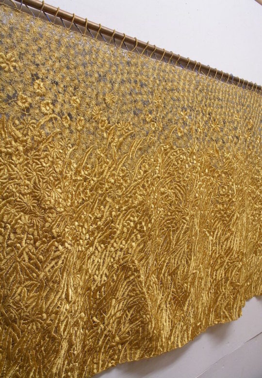 Kate Wells, Field of Gold, 2016, 162 x 61cm, gold machine embroidery dissolvable fabric