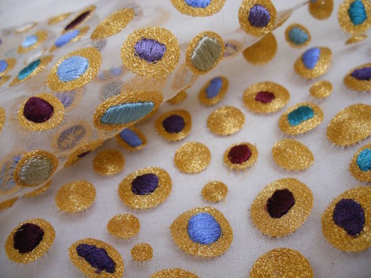 Kate Wells, Gold cabuchons sample, 2014, gold and rayon machine embroidery on silk crepeline