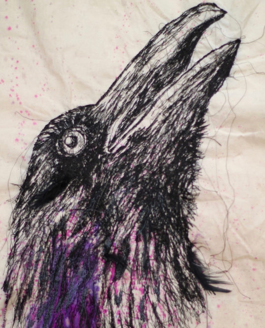 Julie French, Crow, 2015, 30 cm x 40 cm, machine stitch with ink on calico