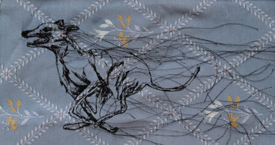 Julie French, Greyhound, 2014, 60 cm x 25 cm, machine stitch on reclaimed fabric