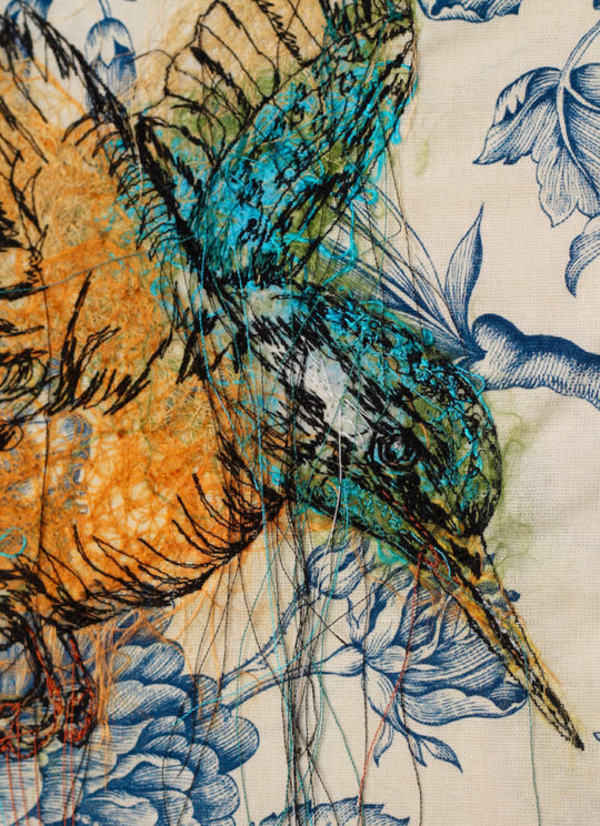 Julie French, Kingfisher (detail), 2017, 32 x 47 cm, machine stitch with banana fibres on reclaimed furnishing fabric