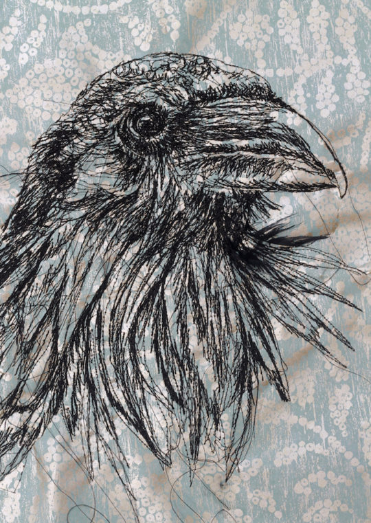 Julie French, Raven, 2017, 30 cm x 40 cm, machine stitch on metallic wallpaper