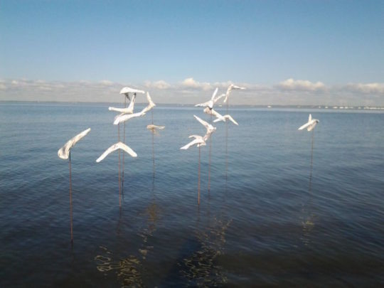 Victoria Danville, Changing Direction, 2015, Hand and machine stitched fabric birds on metal armatures