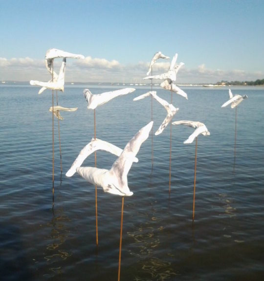 Victoria Danville, Changing Direction, 2015, Hand and machine stitched fabric birds on metal armatures