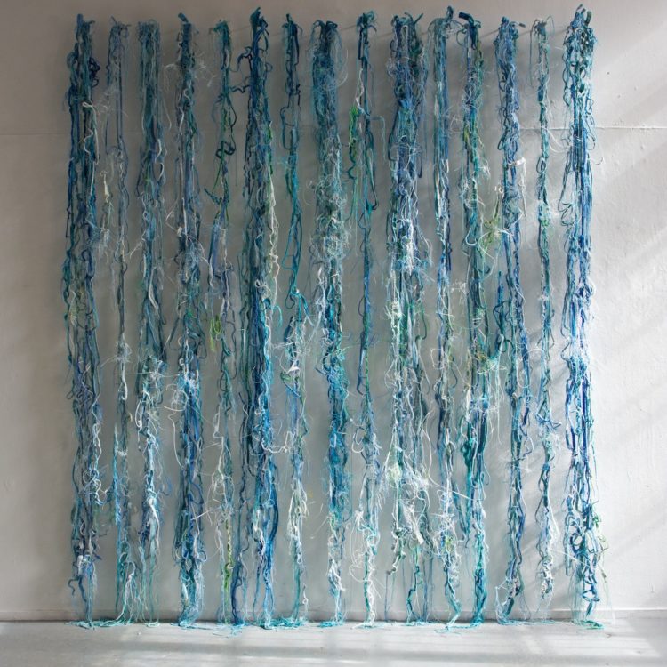 Fiona Hutchison, Wall of Water, 2021. 250cm x 300cm (8’ x 10’). Manipulated tapestry. Cotton, linen and reclaimed plastic. Photo: Michael Wolchover